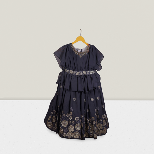 Elegant Navy Blue Embroidered Layered Dress for Girls - Party & Festive Wear