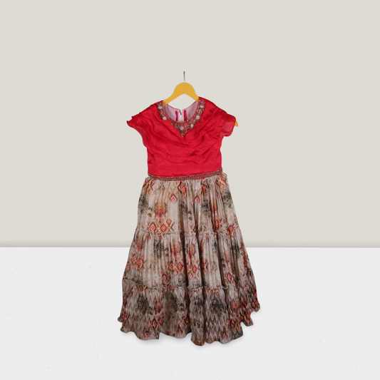 Elegant Red and Beige Party Wear Frock for Girls – Tiered Design with Embellished Neckline