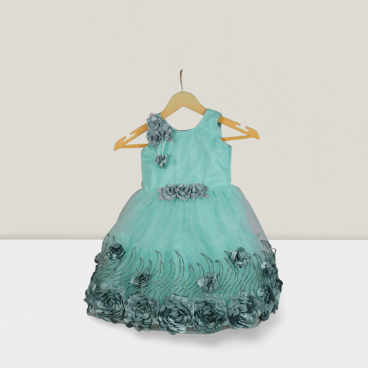 Aqua Blue Floral Party Wear Dress for Girls – Glittery Tulle with 3D Rose Detailing