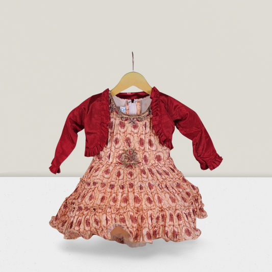 Girls' Peach and Maroon Layered Party Dress with Elegant Shrug