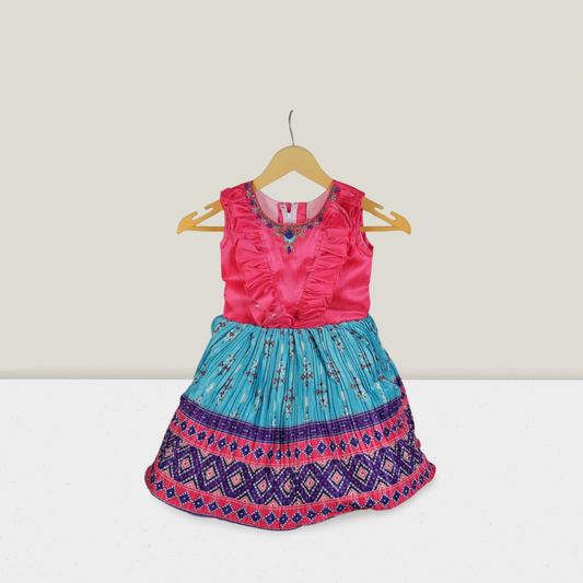 Girls' Festive Pink and Blue Ethnic Dress with Ruffle Details