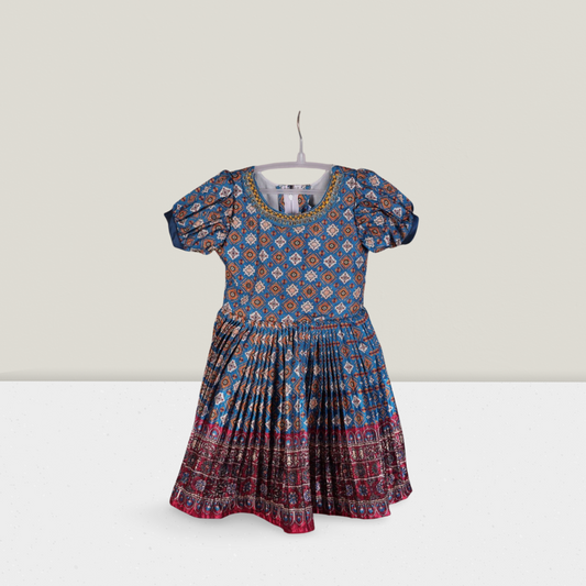 Girls' Traditional Blue and Maroon Printed Dress with Puff Sleeves