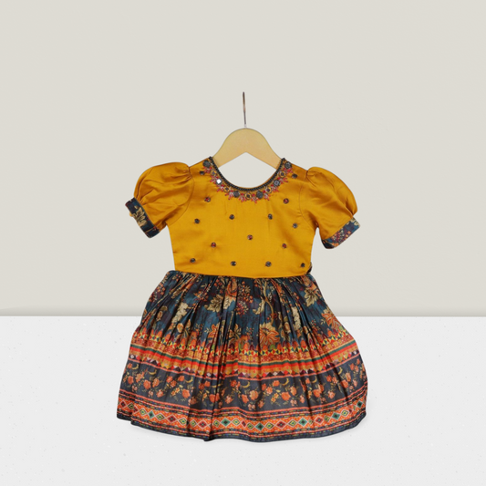 Girls' Festive Yellow and Floral Printed Dress with Embroidered Neckline