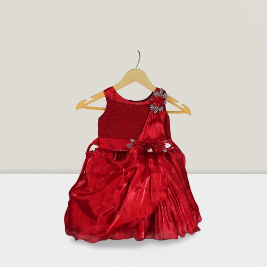 Girls' Elegant Red Party Dress with Floral Embellishments