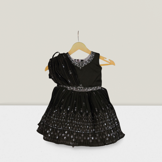 Girls' Black Party Dress with Sequins & Embellished Dupatta