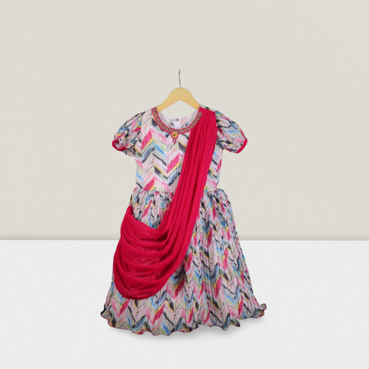 Multicolor Chevron Printed Party Wear Dress for Girls – Elegant Pink Drape with Embellished Neckline