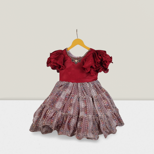 Elegant Maroon & Printed Flared Party Dress for Girls – Ruffled Sleeves & Embellished Neckline