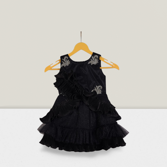 Elegant Black Ruffled Party Dress for Girls – Glitter Finish & Embellished Detailing