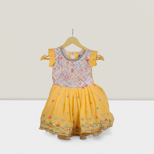 Elegant Yellow Embroidered Party Dress for Girls – Ruffled Sleeves & Embellished Bodice